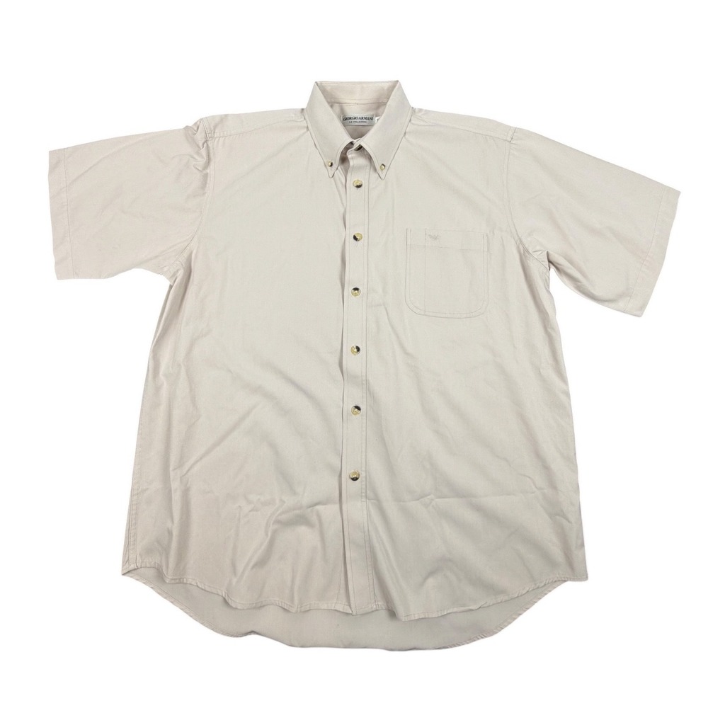 Giorgio Armani Le Collezioni Shirt Mens XL Beige Short Sleeve Button Down Cotton
